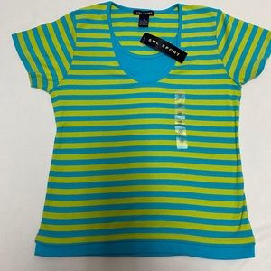 SML Sport Green Blue Striped Short Sleeve Shirt